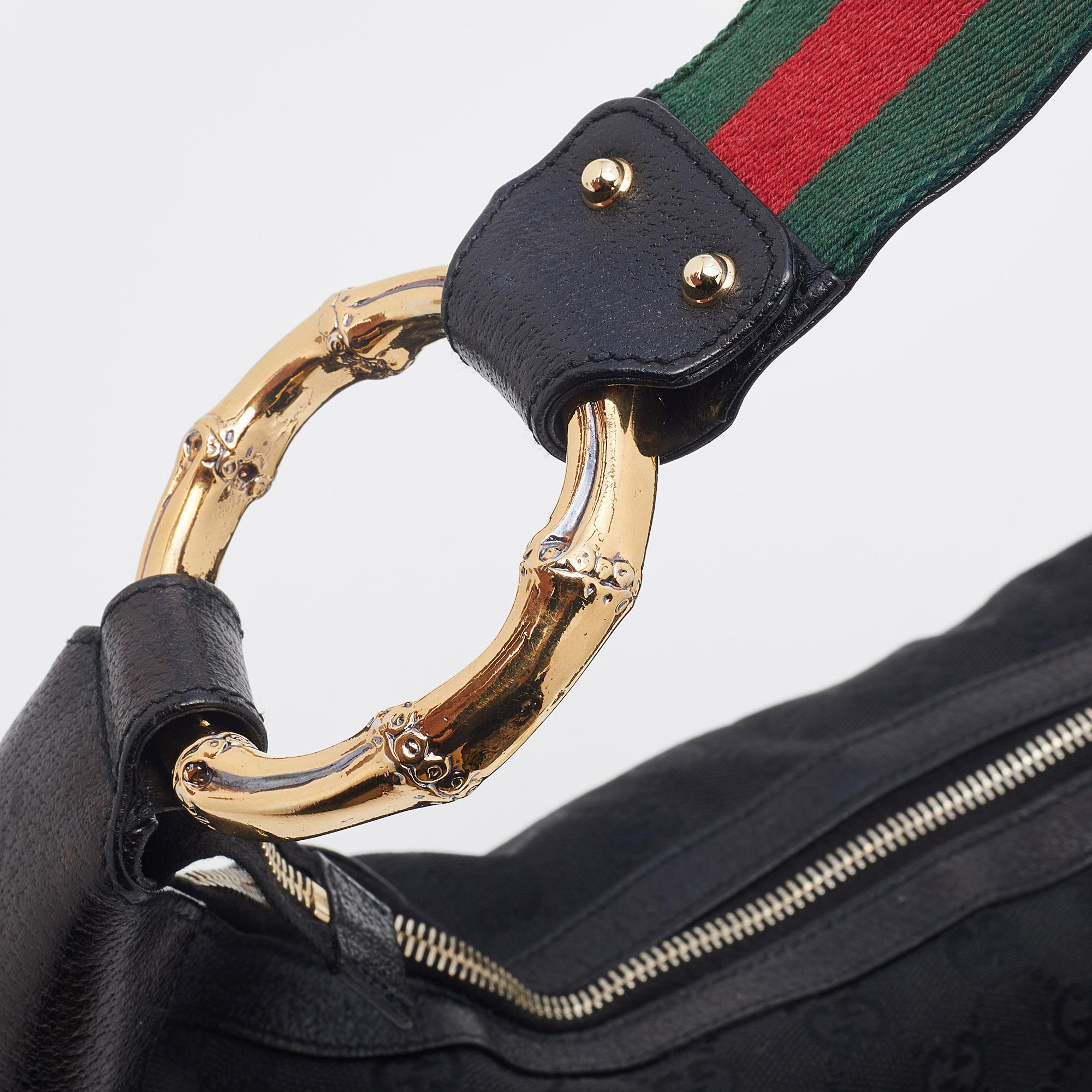 Gucci Black GG Canvas and Leather Medium Web Bamboo Ring Hobo 5