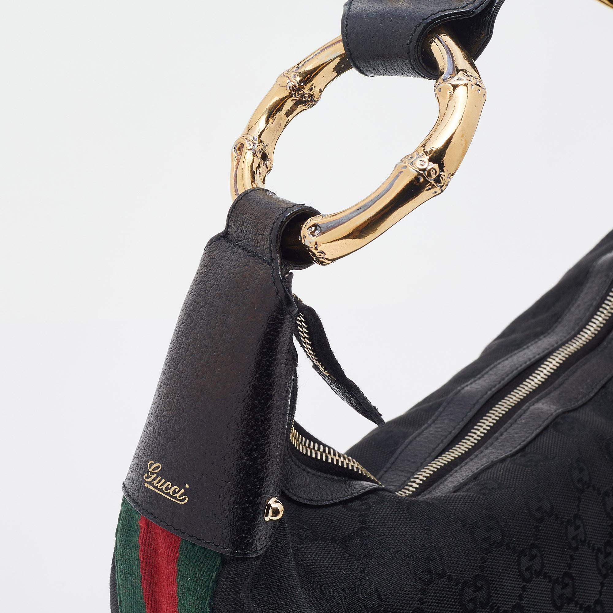 Gucci Black GG Canvas and Leather Medium Web Bamboo Ring Hobo 6