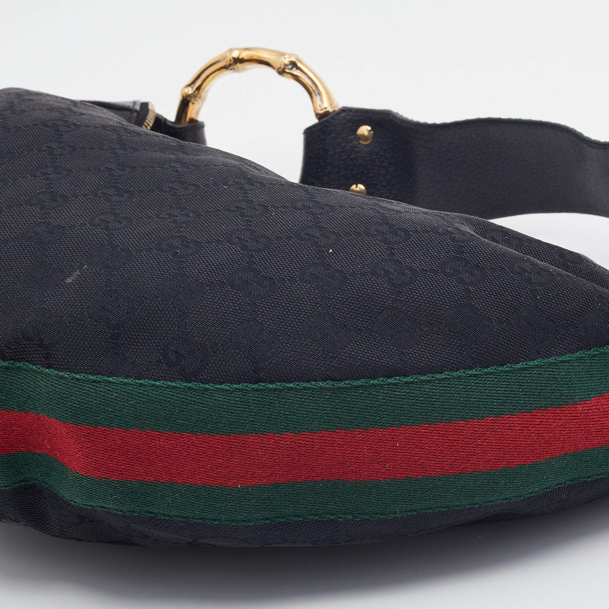 Gucci Black GG Canvas and Leather Medium Web Bamboo Ring Hobo 9