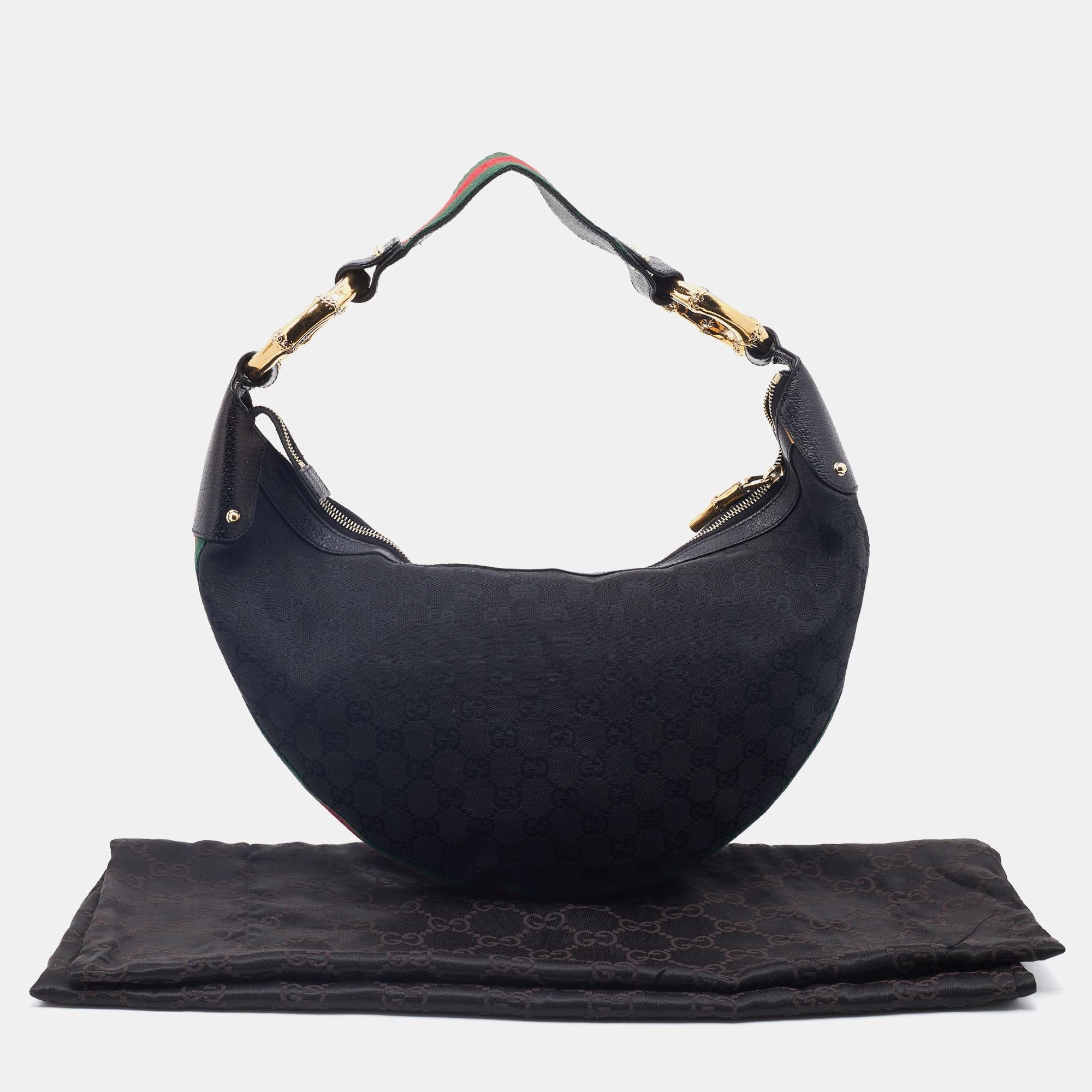 Gucci Black GG Canvas and Leather Medium Web Bamboo Ring Hobo 10