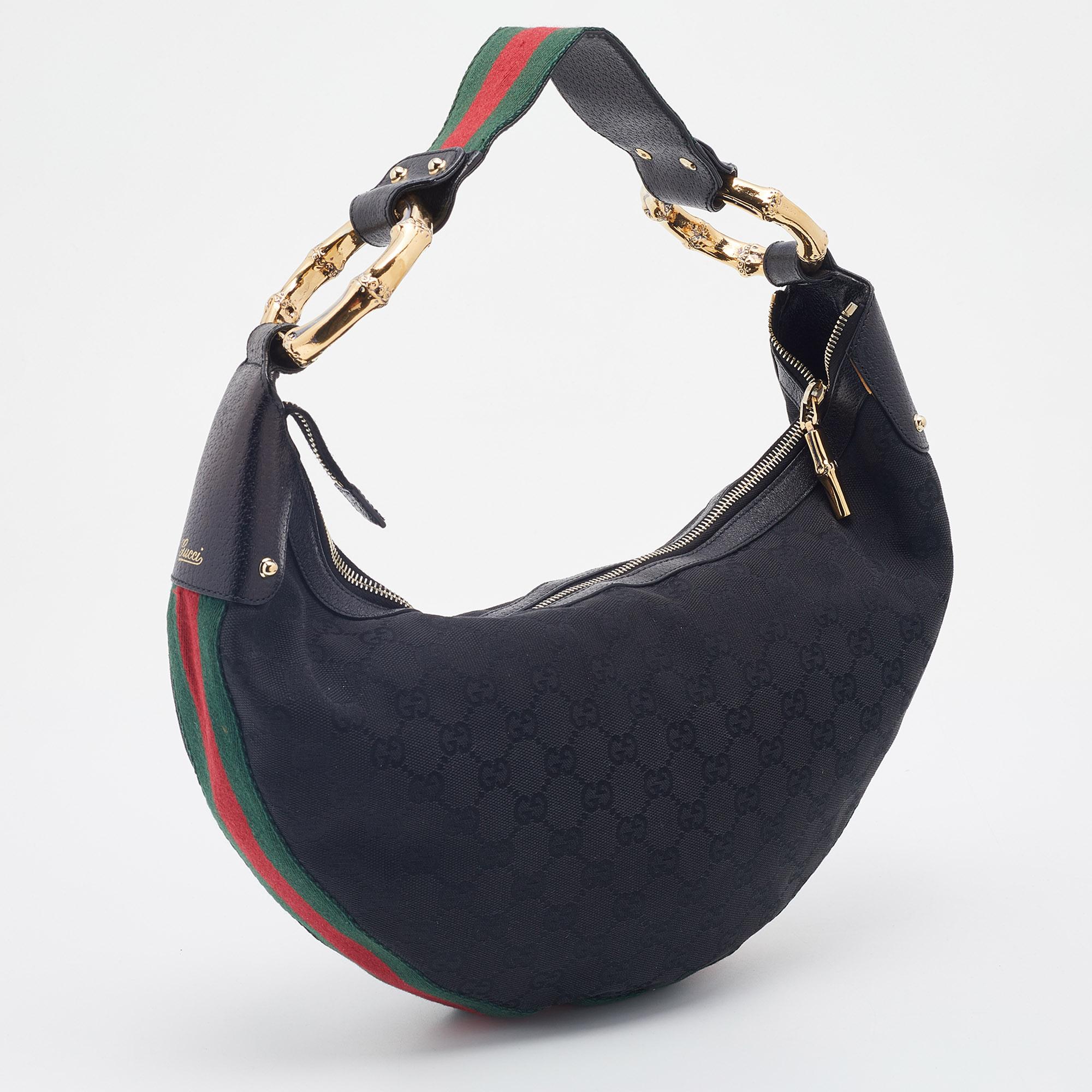 Women's Gucci Black GG Canvas and Leather Medium Web Bamboo Ring Hobo