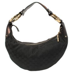 Gucci Schwarz GG Segeltuch und Leder Medium Web Bamboo Ring Hobo