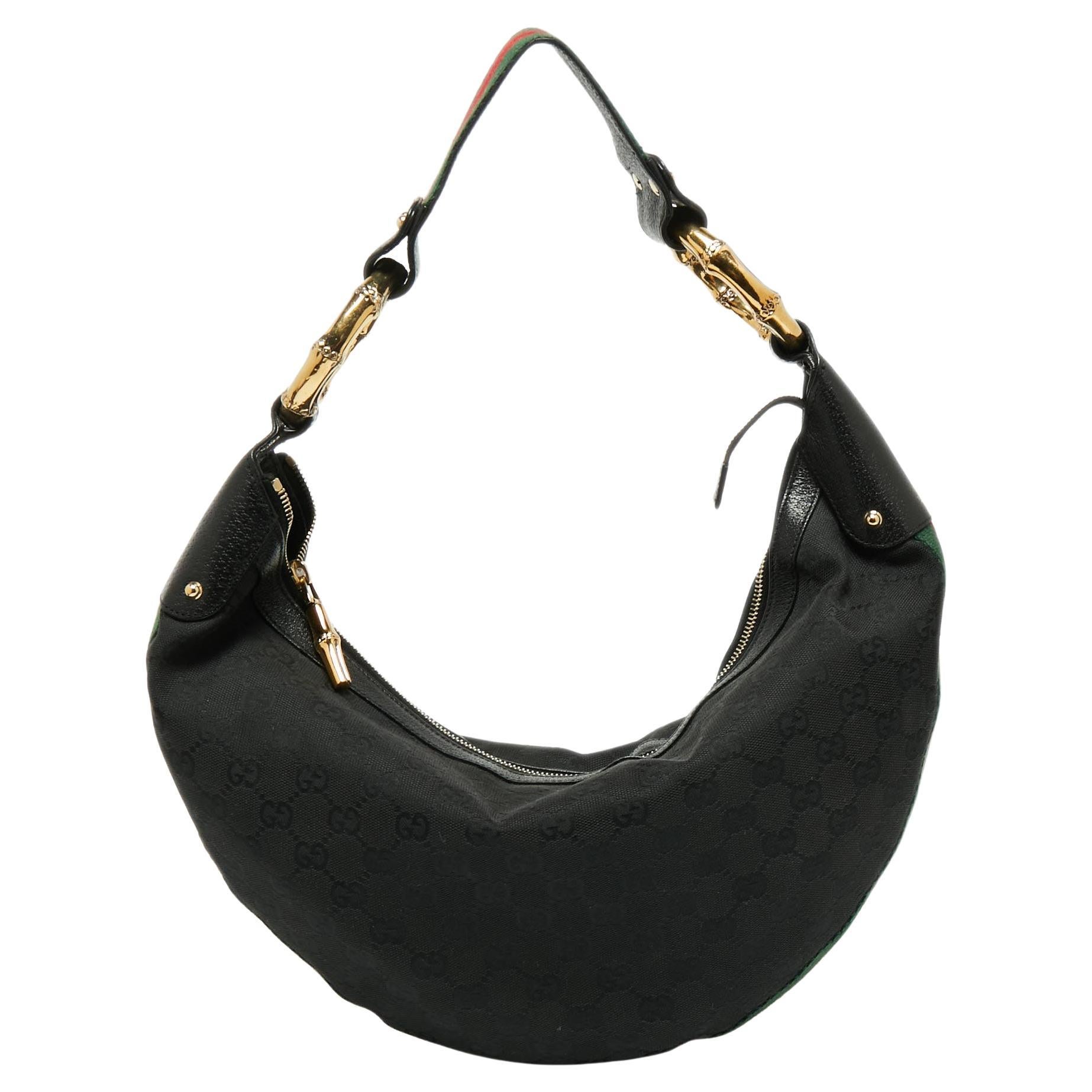 Gucci Black GG Canvas and Leather Medium Web Bamboo Ring Hobo