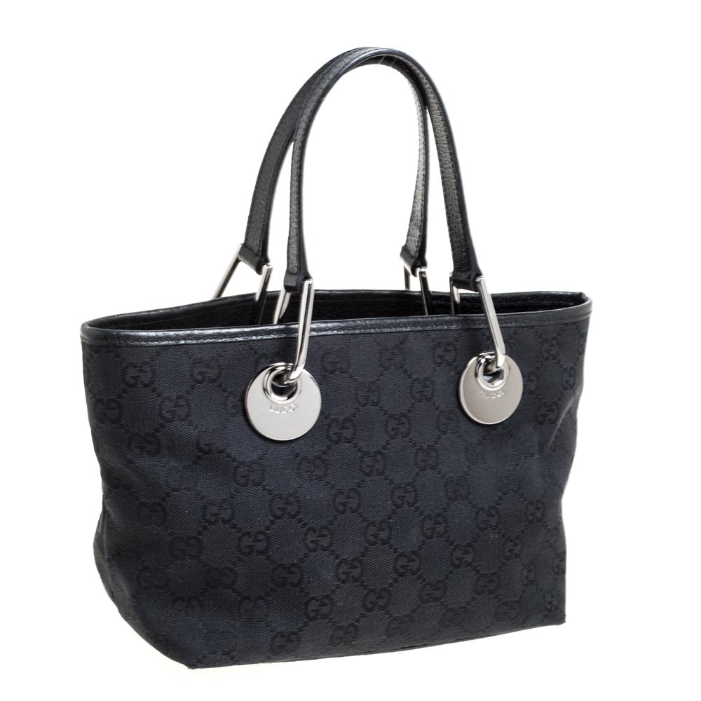 Gucci Mini Eclipse Tote aus schwarzem GG-Leinen und Leder im Zustand „Gut“ in Dubai, Al Qouz 2