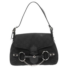 Gucci Black GG Canvas and Leather Small Horsebit Shoulder Bag