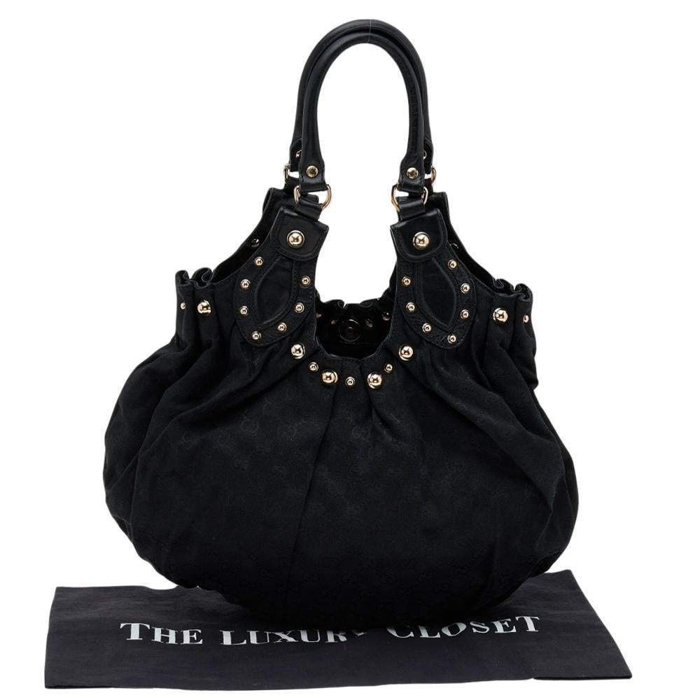 Gucci Black GG Canvas and Leather Studded Pelham Bag In Good Condition In Dubai, Al Qouz 2