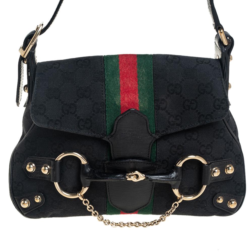 Gucci Black GG Canvas and Leather Vintage Horsebit Shoulder Bag 4