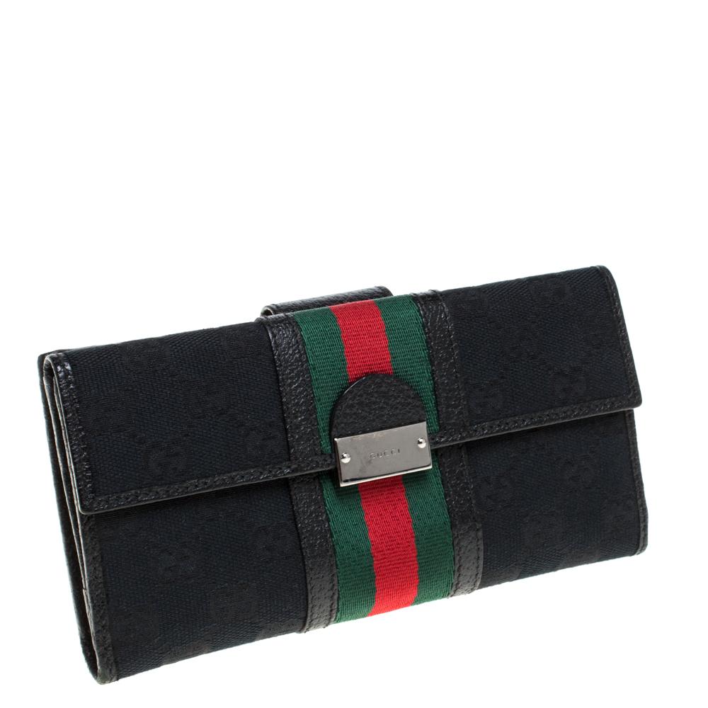 Gucci Black GG Canvas and Leather Web Continental Wallet In Good Condition In Dubai, Al Qouz 2