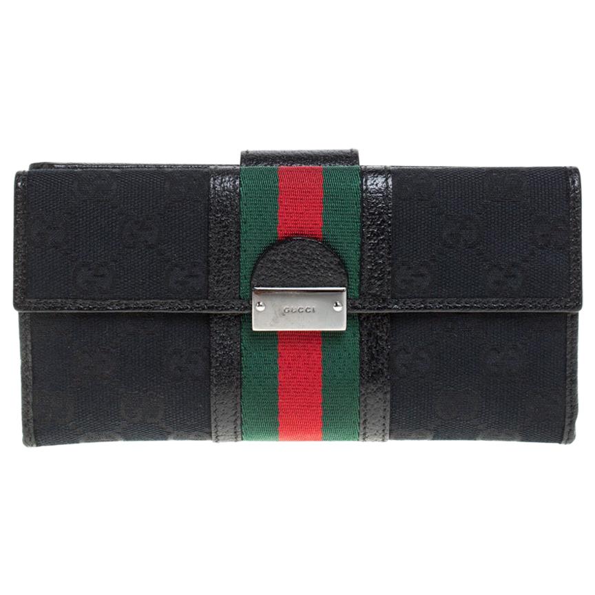Gucci Black GG Canvas and Leather Web Continental Wallet