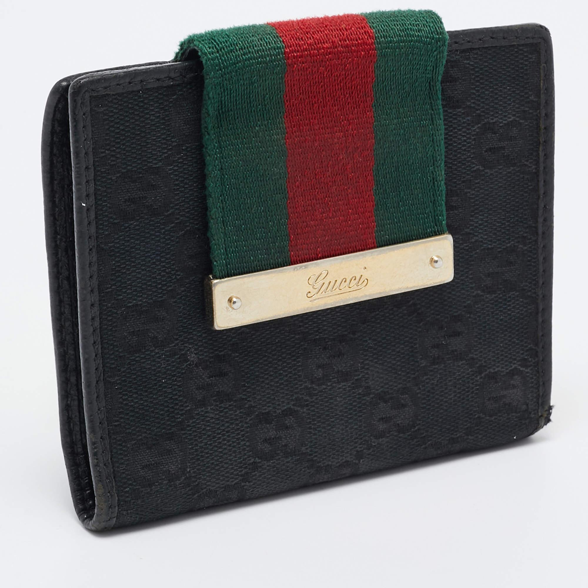 Gucci Black GG Canvas and Leather Web Flap French Wallet In Fair Condition In Dubai, Al Qouz 2
