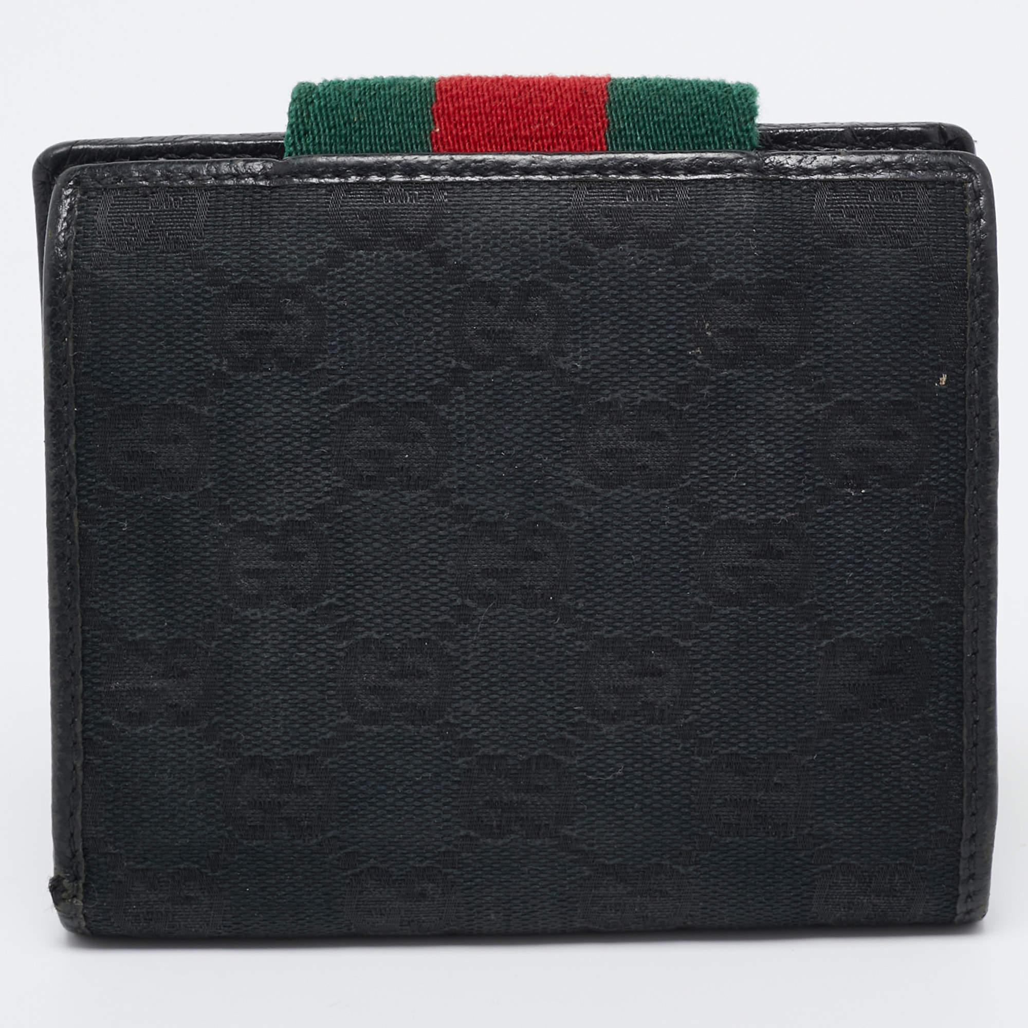 Women's Gucci Black GG Canvas and Leather Web Flap French Wallet