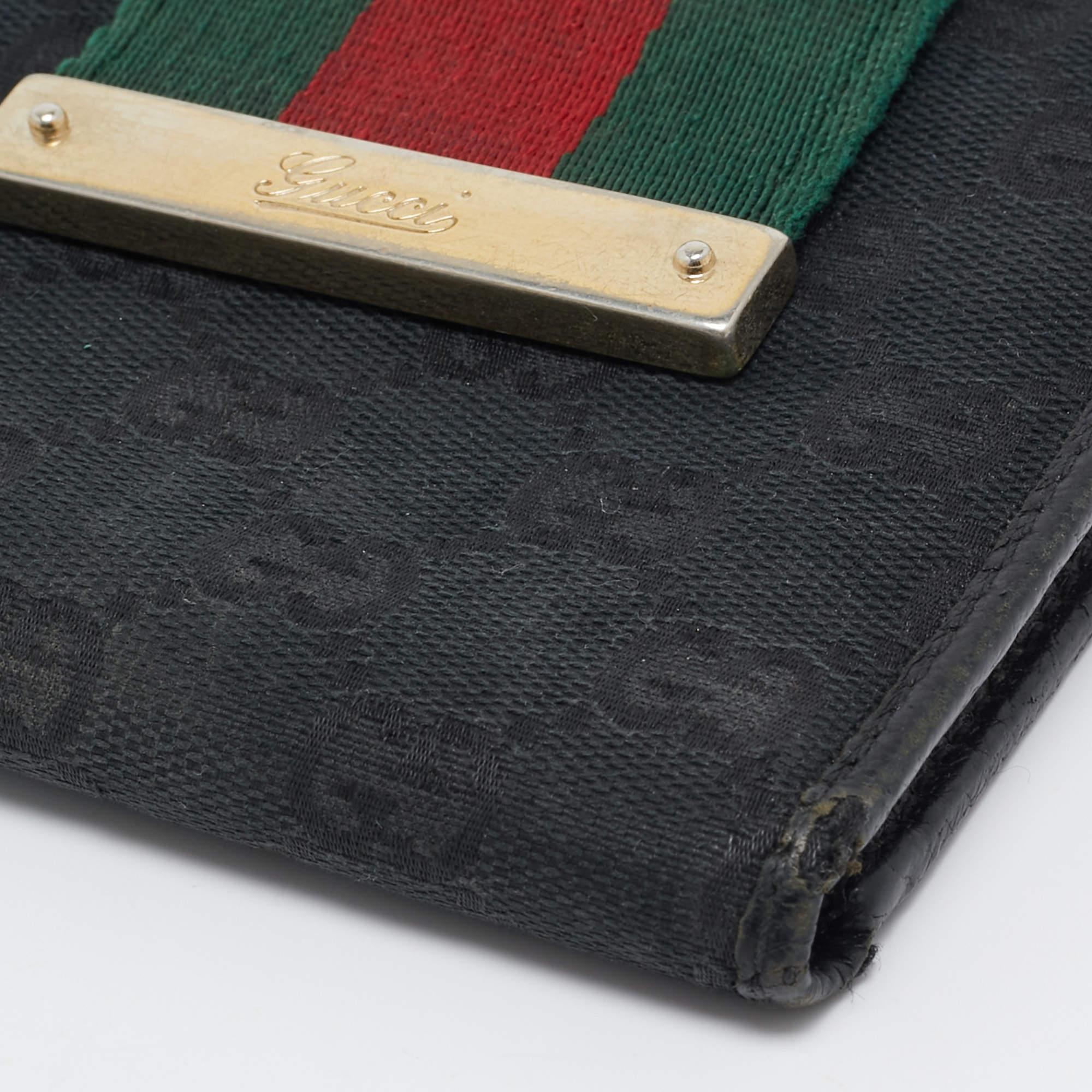 Gucci Black GG Canvas and Leather Web Flap French Wallet 5
