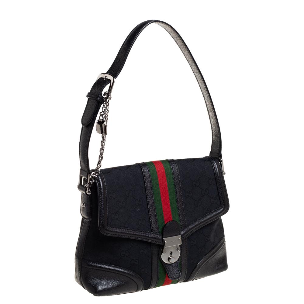 Gucci Black GG Canvas and Leather Web Treasure Shoulder Bag In Good Condition In Dubai, Al Qouz 2
