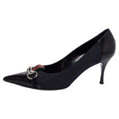 Gucci Black GG Canvas And Patent Leather Horsebit Pointed Toe Pumps Size 38