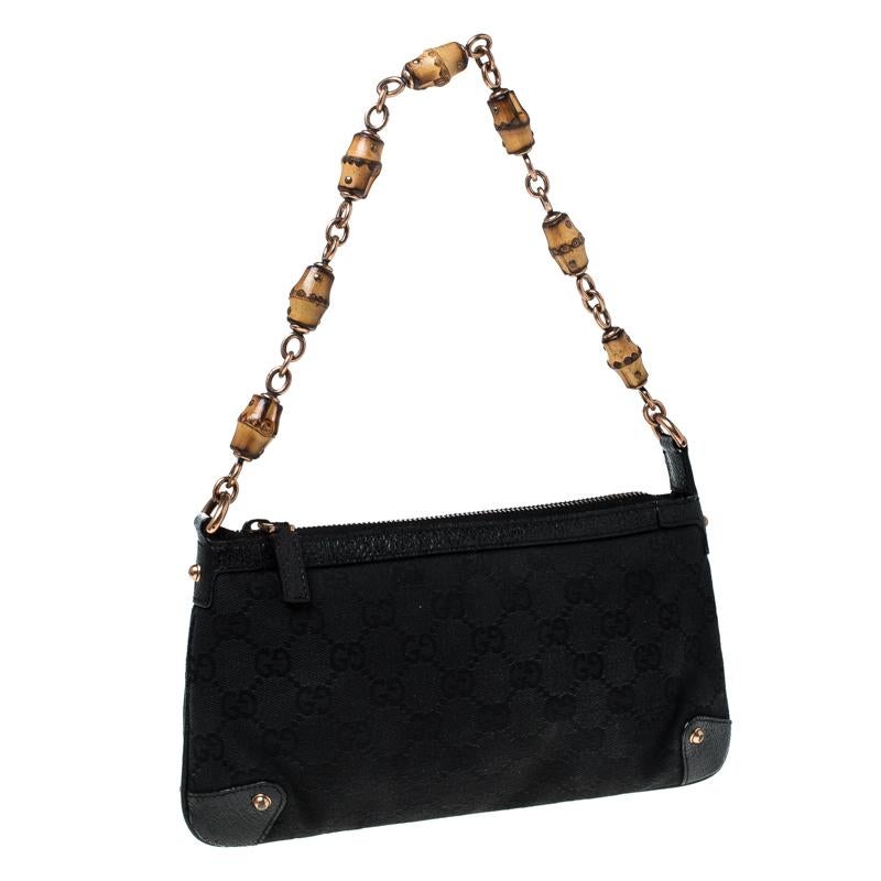 Women's Gucci Black GG Canvas Bamboo Accessories Pochette Bag