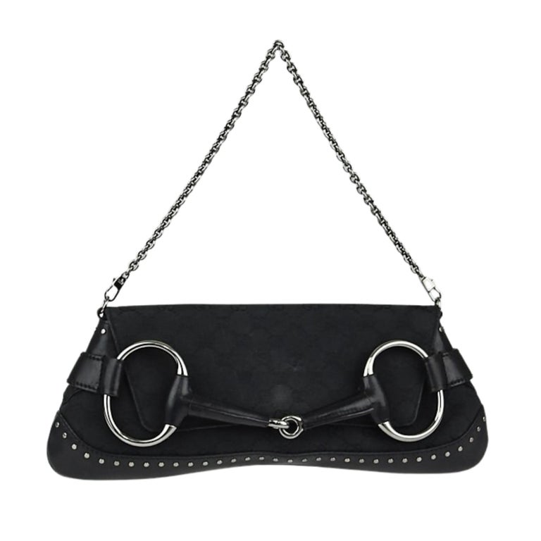 GUCCI Black GG Canvas Horsebit Chain Large Clutch Bag For Sale