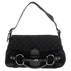 Gucci Black GG Canvas Small Horsebit Chain Shoulder Bag