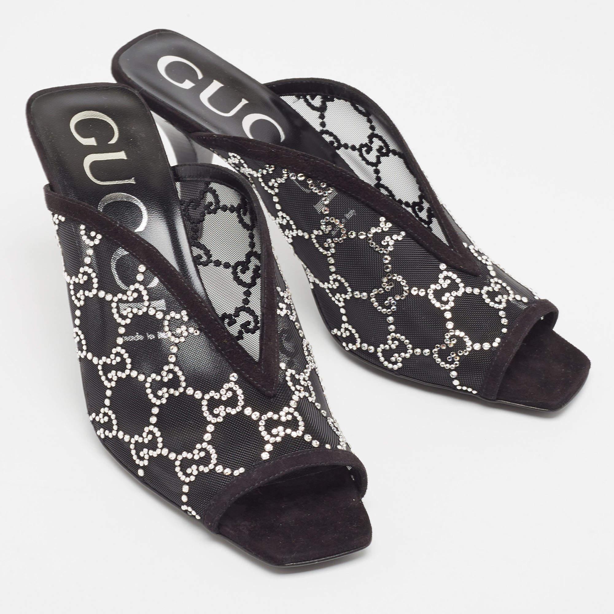 Gucci Black GG Crystal Embellished Mesh Mules Size 39 2