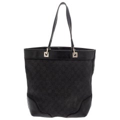 Gucci Black GG Denim and Leather Bucket Tote