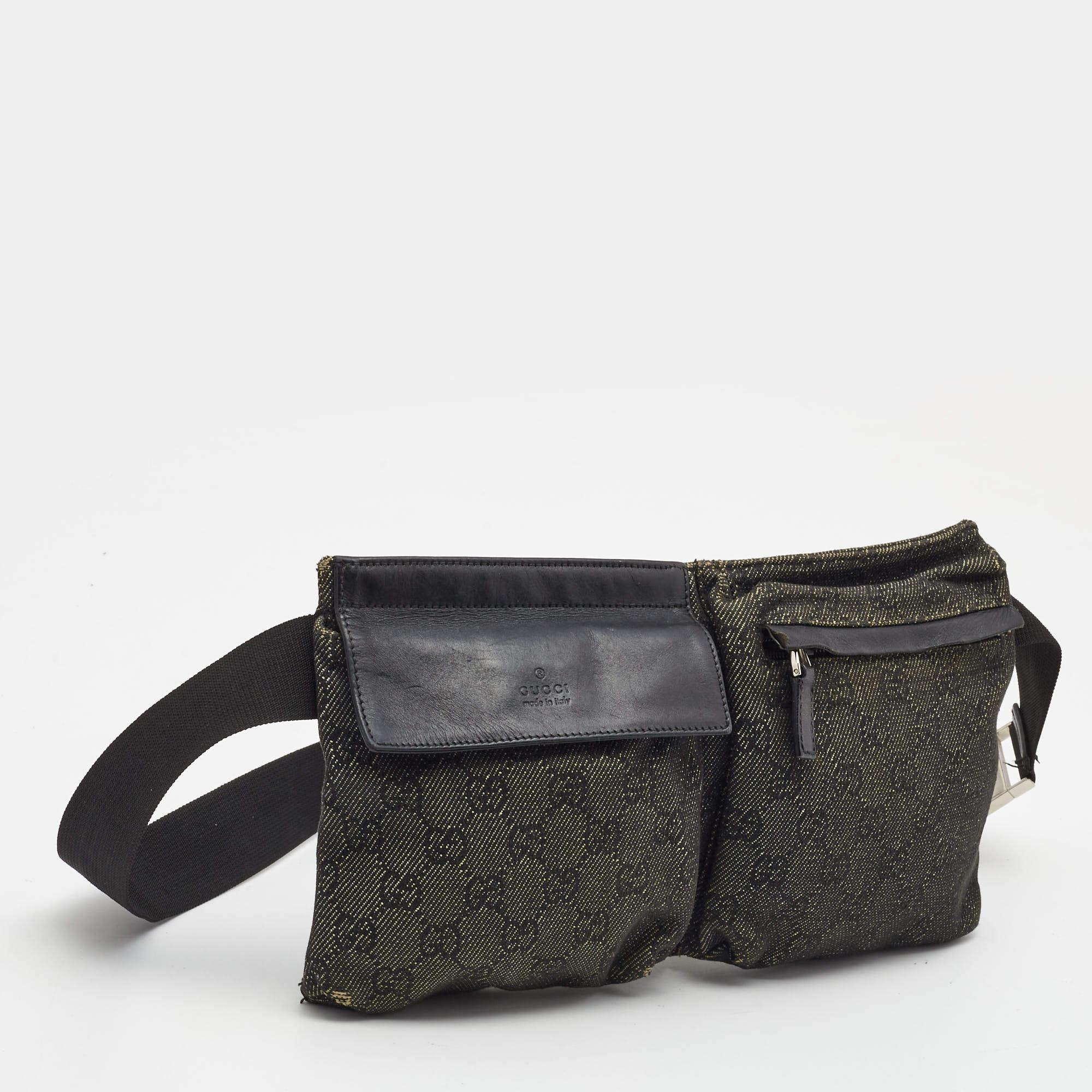 Women's Gucci Black GG Denim and Leather Double Pocket Belt Bag