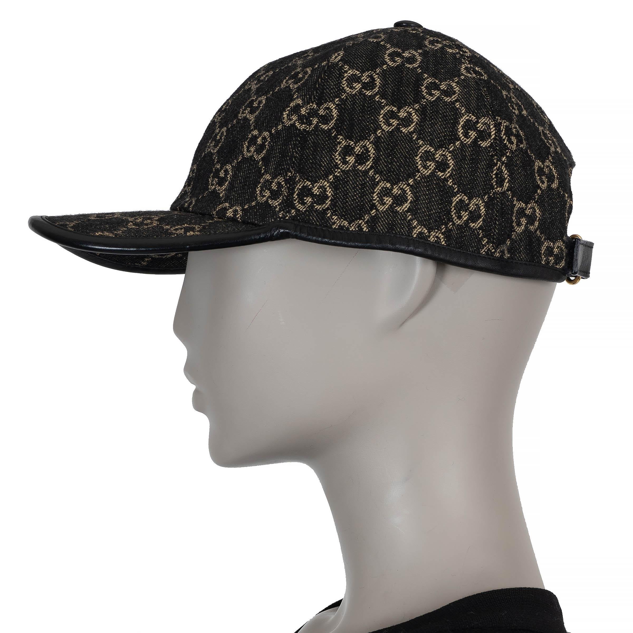 Black GUCCI black GG DENIM & LEATHER Baseball Cap Hat XL For Sale