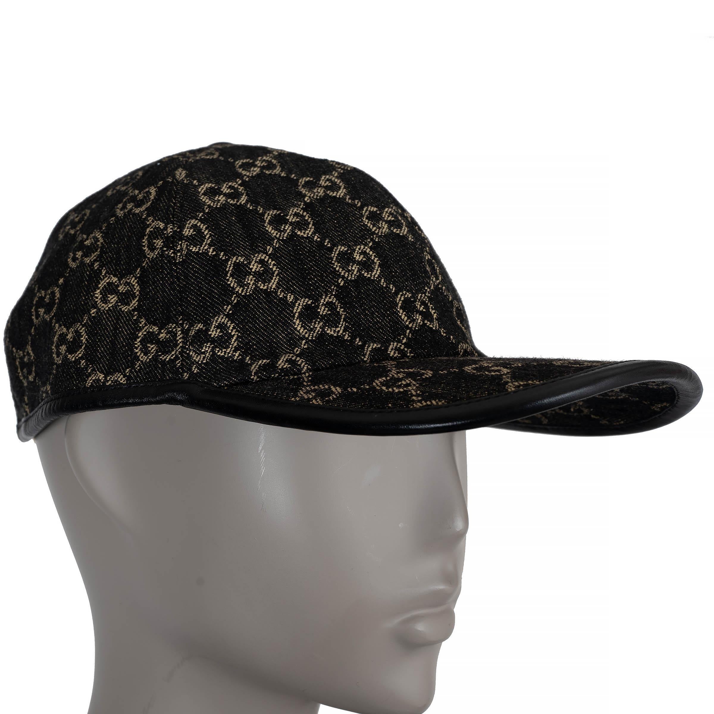 Women's GUCCI black GG DENIM & LEATHER Baseball Cap Hat XL For Sale
