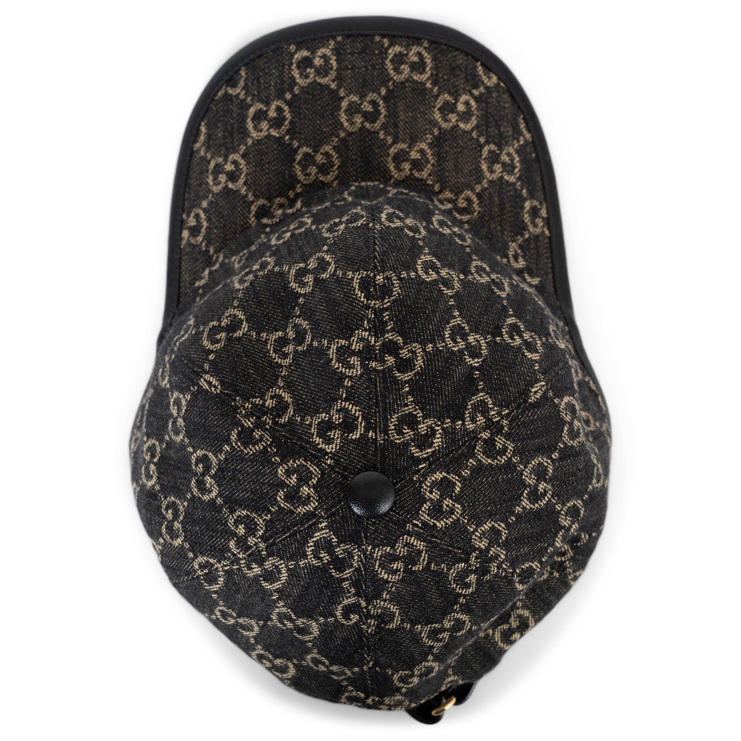 GUCCI black GG DENIM & LEATHER Baseball Cap Hat XL For Sale 1