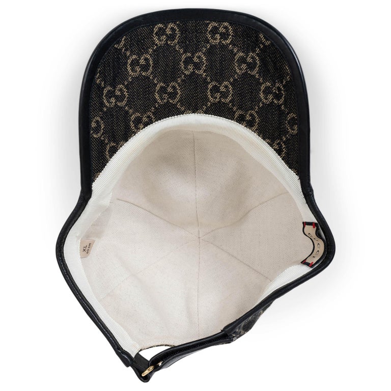 GUCCI black GG DENIM and LEATHER Baseball Cap Hat XL For Sale at