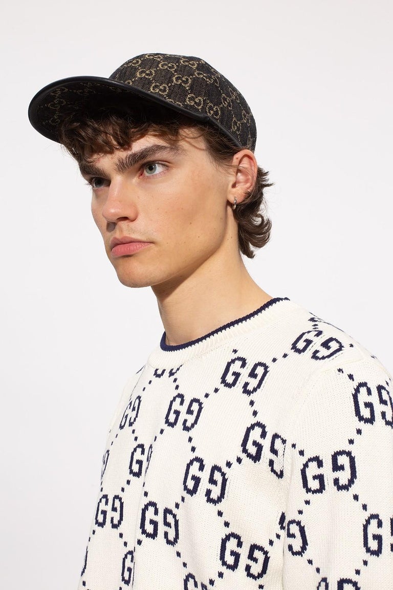 GUCCI black GG DENIM and LEATHER Baseball Cap Hat XL at 1stDibs display picture 1