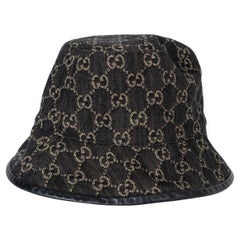 GUCCI Schwarzer GG DENIM & LEDER BUCKET Hut S