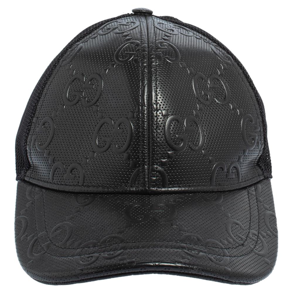 Gucci Black GG Embossed Leather Baseball Hat S