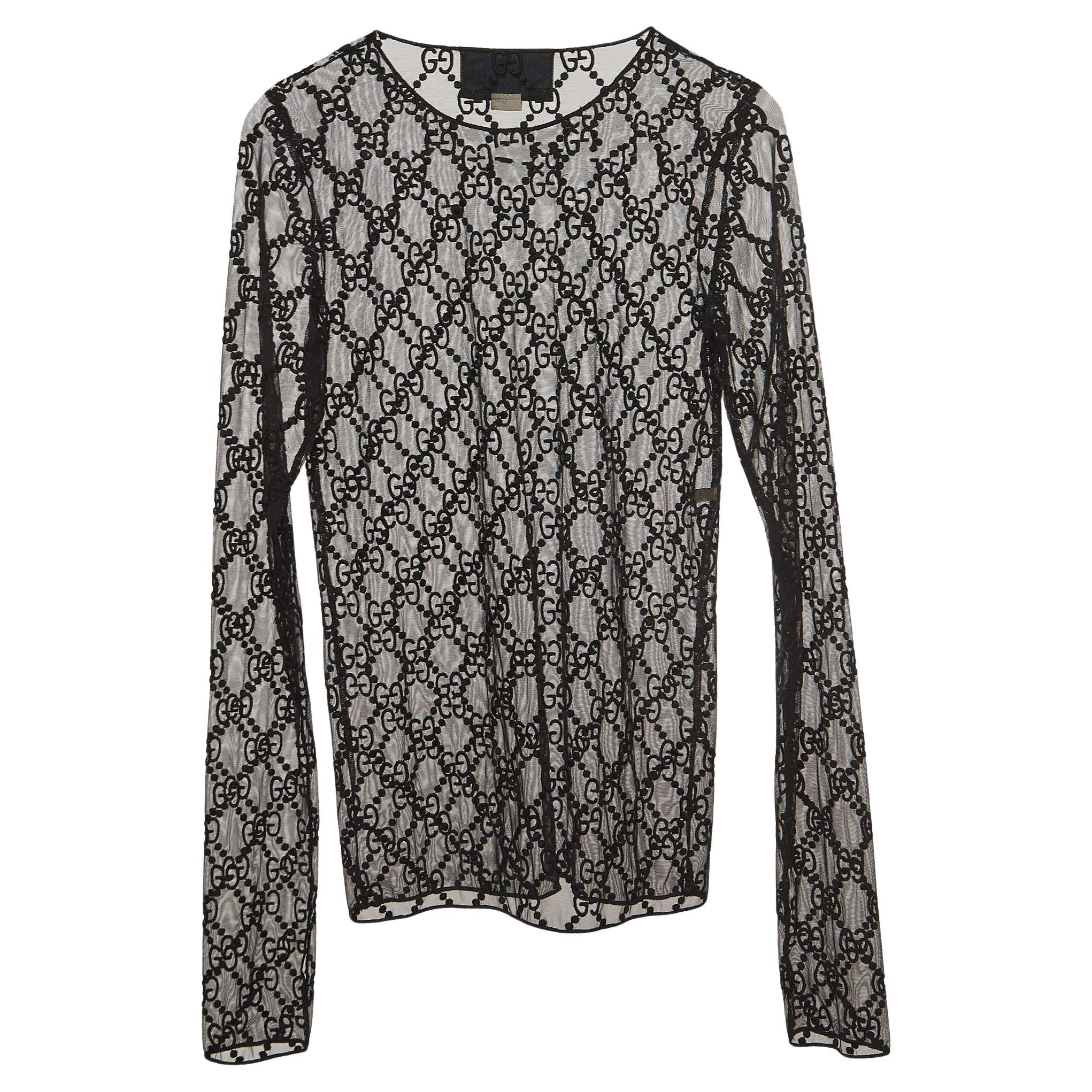 Gucci Black GG Embroidered Mesh Long Sleeve Top XXS