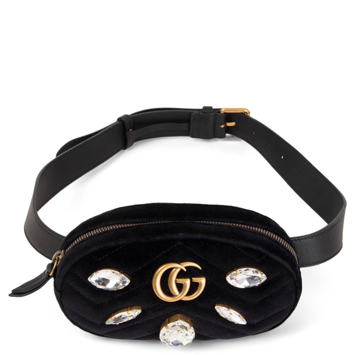 100% authentic Gucci GG Marmont Crystal & Velvet Belt Bag in black velvet with a leather belt strap. Open with a zipper on top and is lined in pink satin with one patch pocket. Has been carried once and is in virtually new condition. Comes with dust