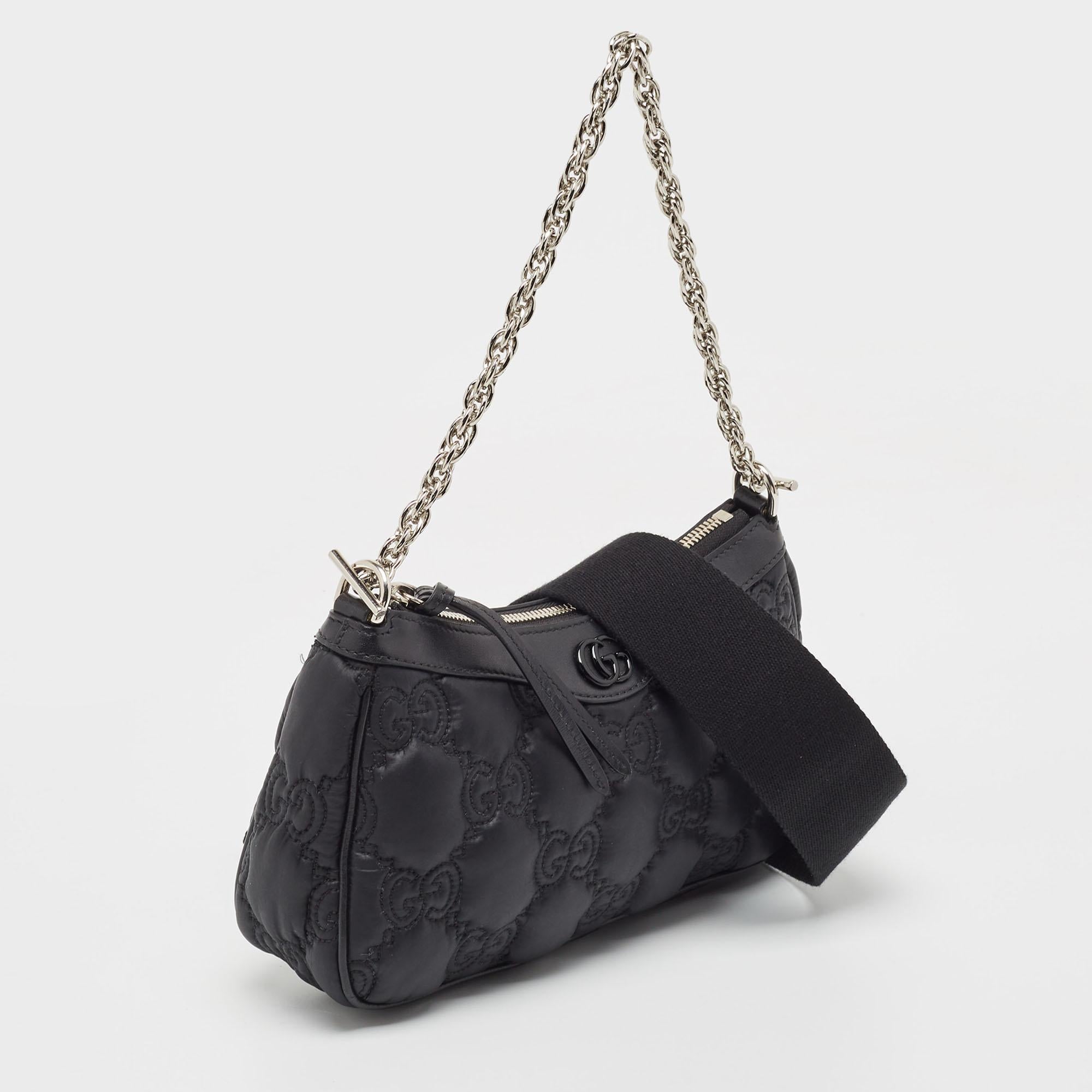 Women's Gucci Black GG Matelassé Satin and Leather Chain Bag For Sale