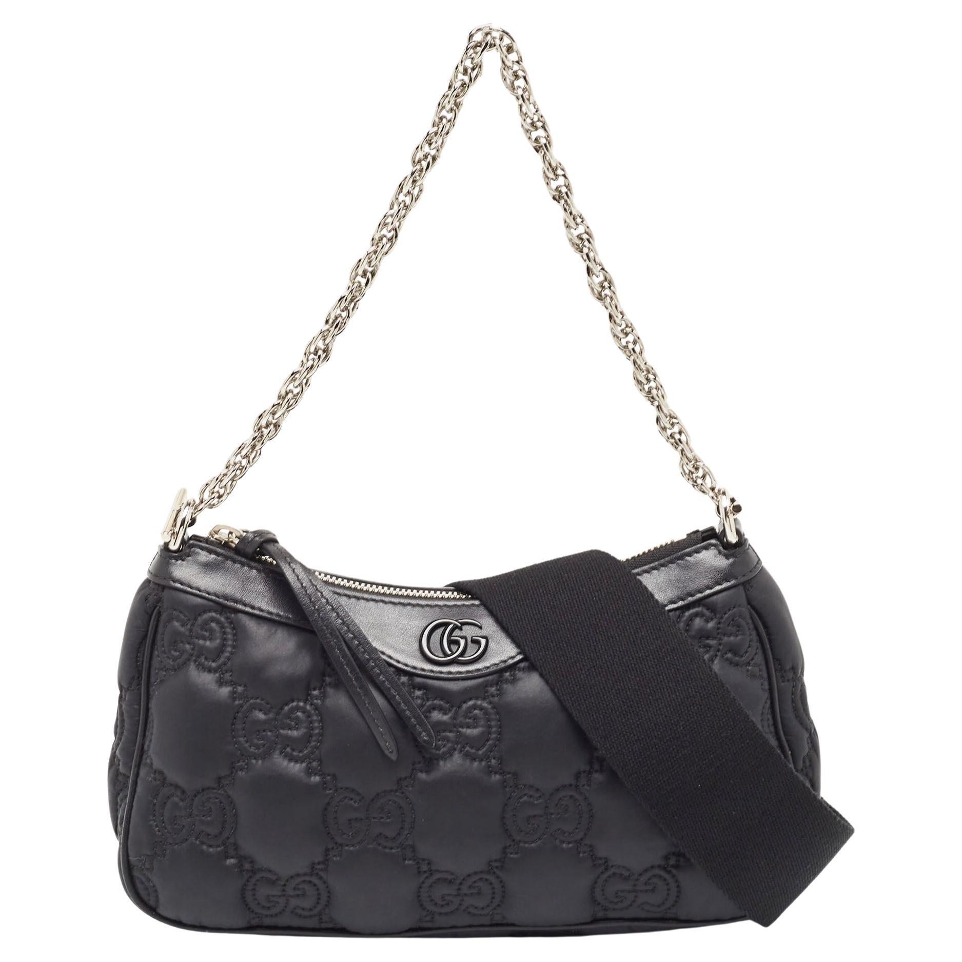 Gucci Black GG Matelassé Satin and Leather Chain Bag For Sale