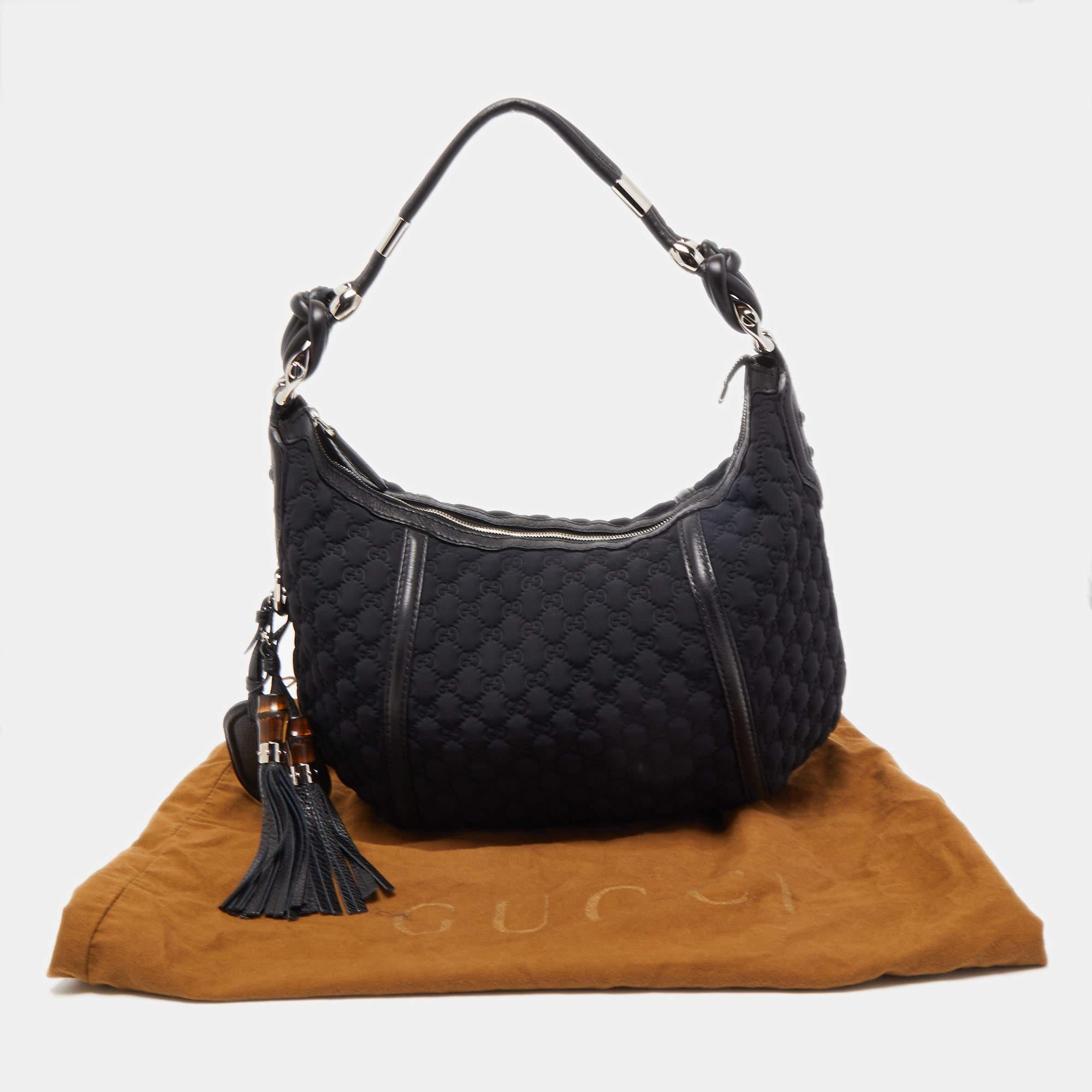 Gucci Black GG Neoprene and Leather Tassel Detail Hobo For Sale 5