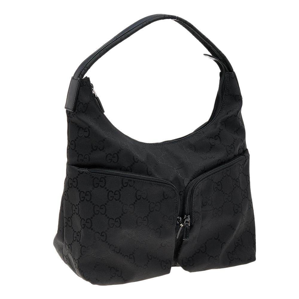 Gucci Black GG Nylon and Leather Double Pocket Hobo 6