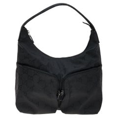Gucci Black GG Nylon and Leather Double Pocket Hobo