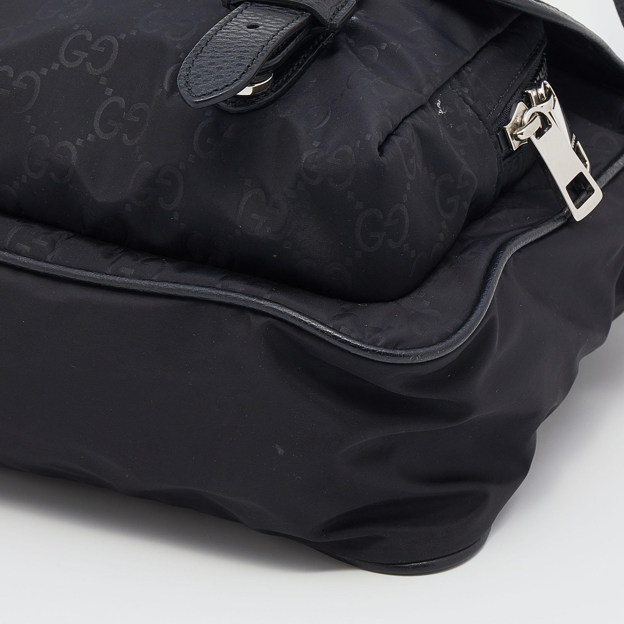 Gucci Black GG Nylon And Leather Flap Messenger Bag 3
