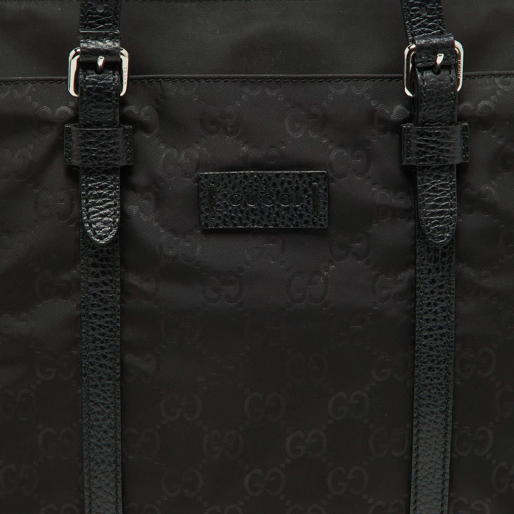 Gucci Black GG Nylon and Leather Top Zip Tote 6