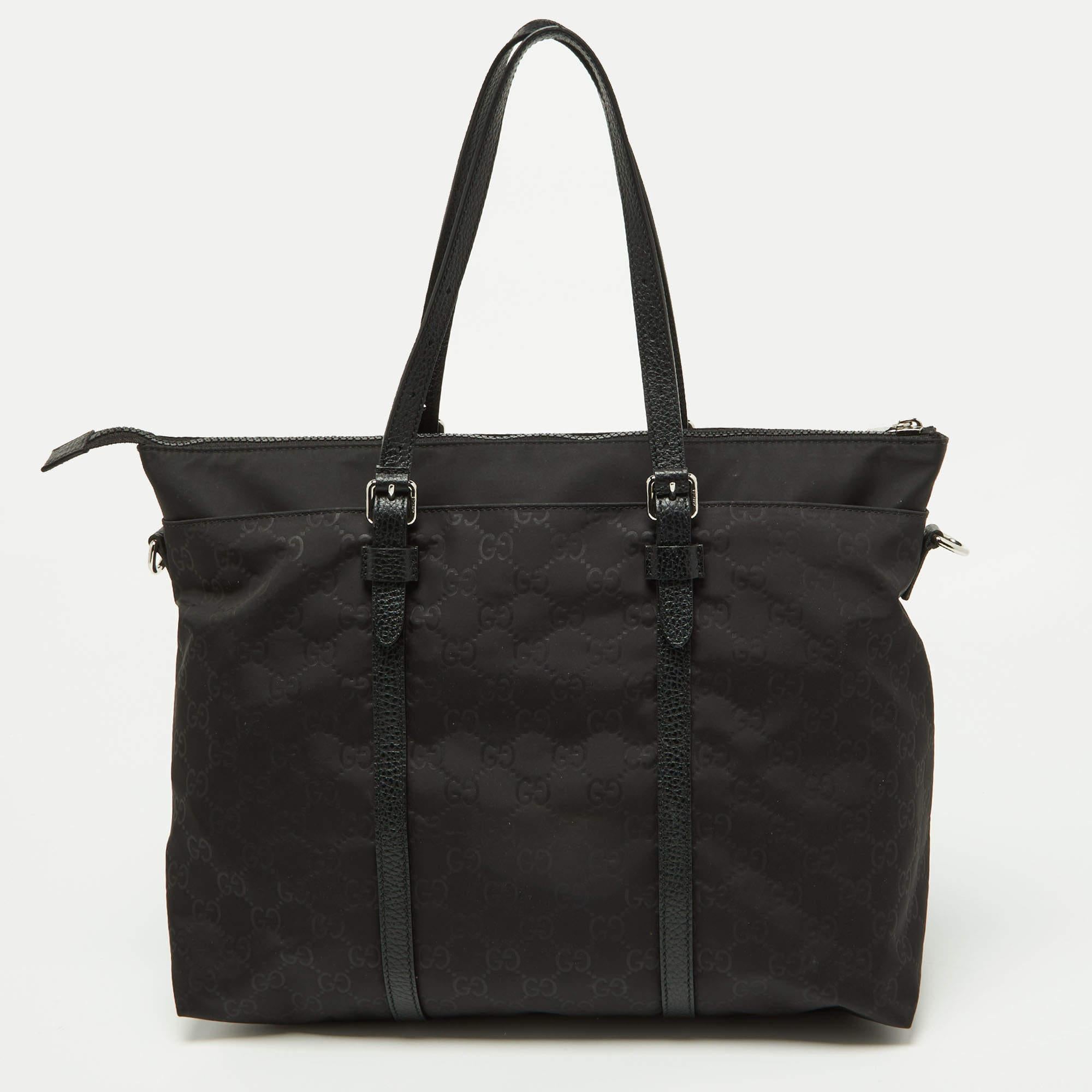 Gucci Black GG Nylon and Leather Top Zip Tote 7