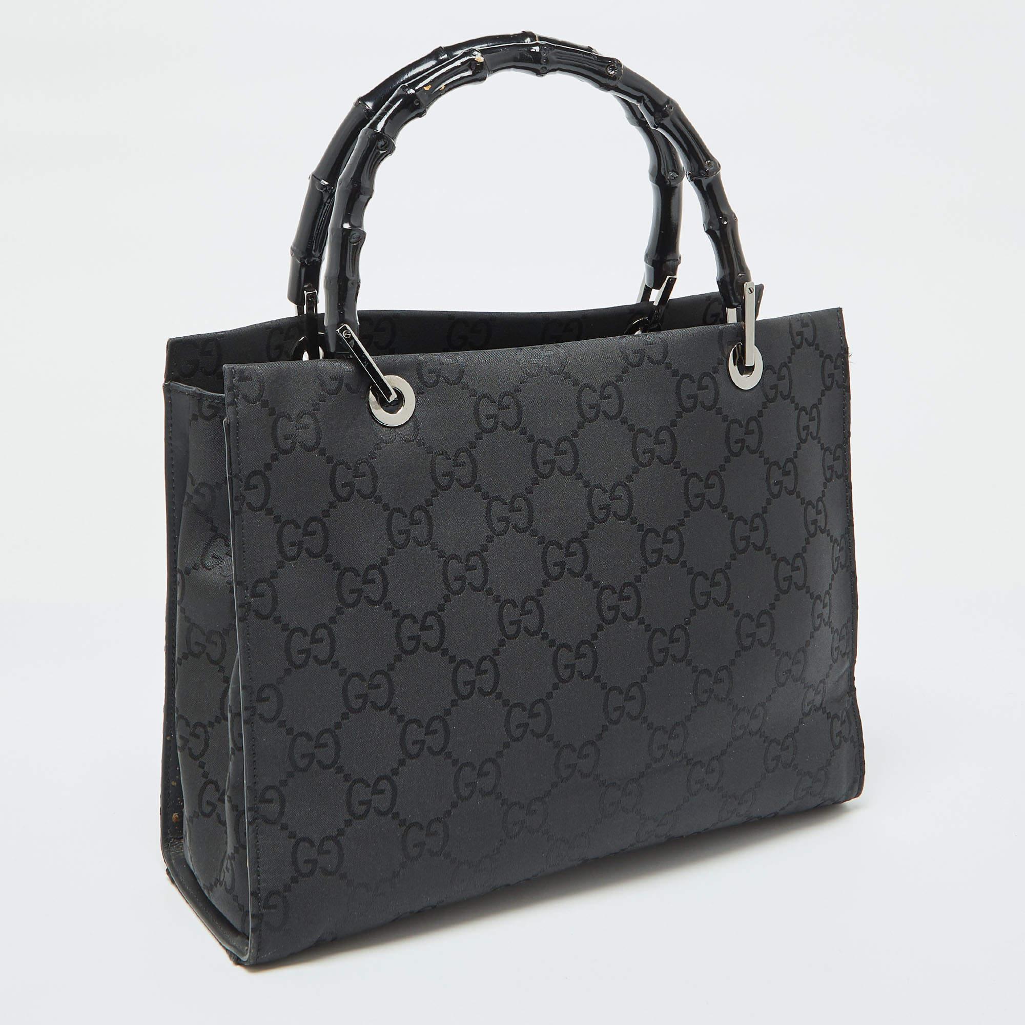 Gucci Black GG Nylon Bamboo Tote In Good Condition In Dubai, Al Qouz 2