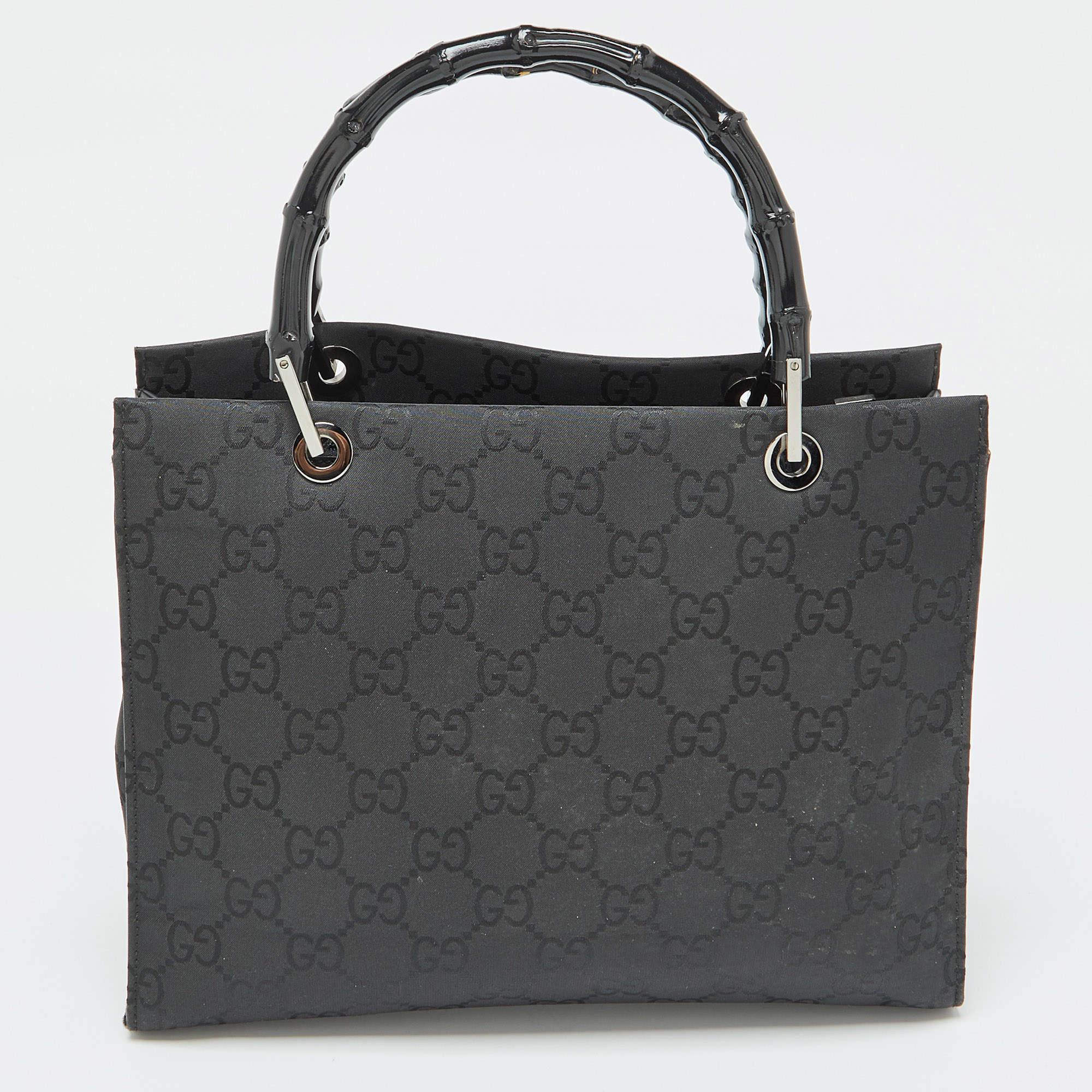 Women's Gucci Black GG Nylon Bamboo Tote