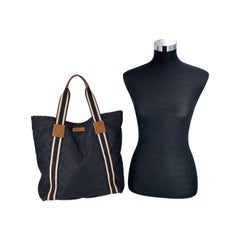 Gucci Black GG Nylon with Brown Leather Trim Web Strap Tote Bag