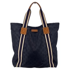 Gucci Black GG Nylon with Brown Leather Trim Web Strap Tote Bag