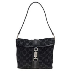 Gucci Black GG Print Suede And Leather Hobo