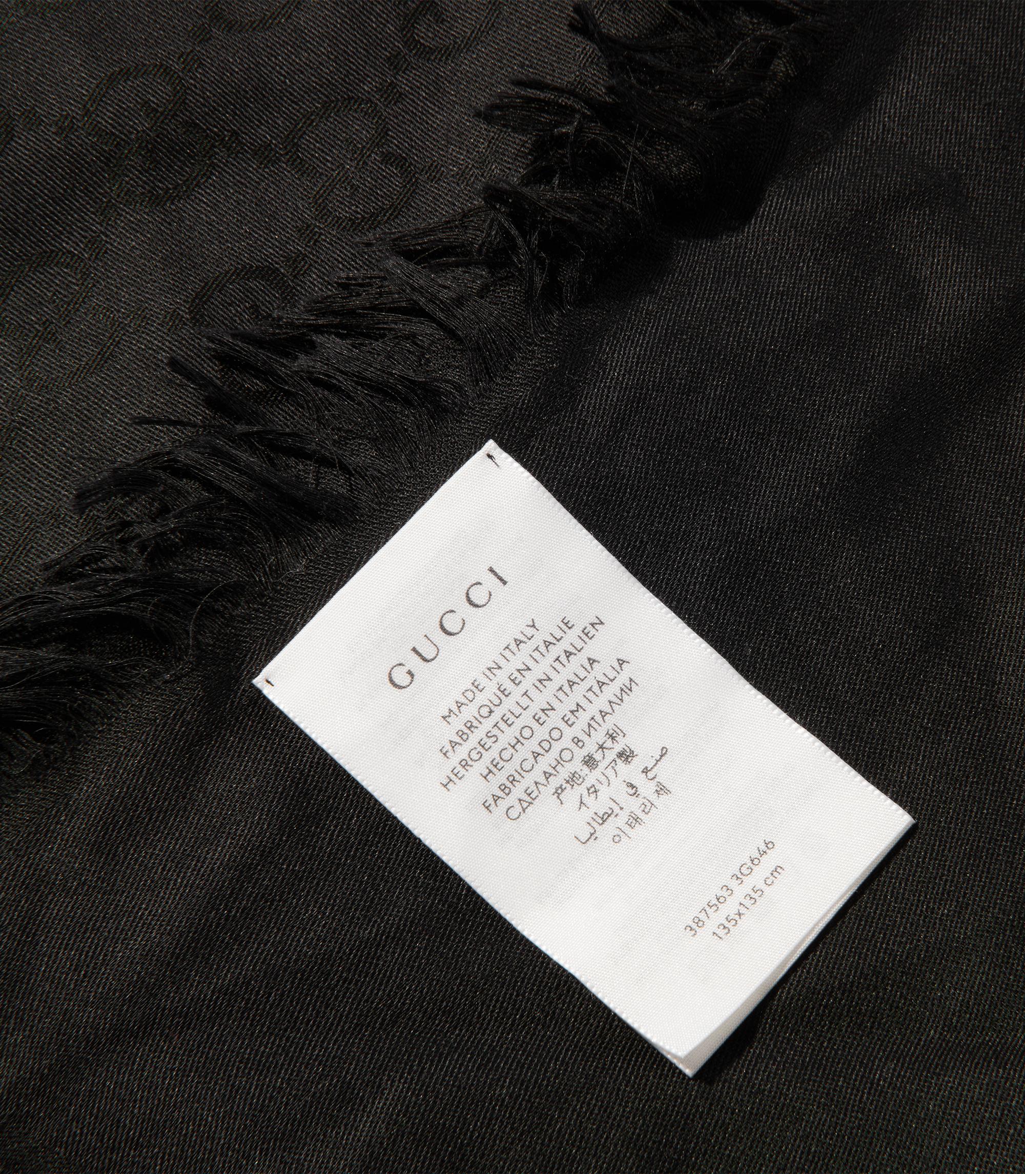 Gucci Black GG Silk Jacquard Fringed Scarf In Excellent Condition For Sale In Bishop's Stortford, Hertfordshire