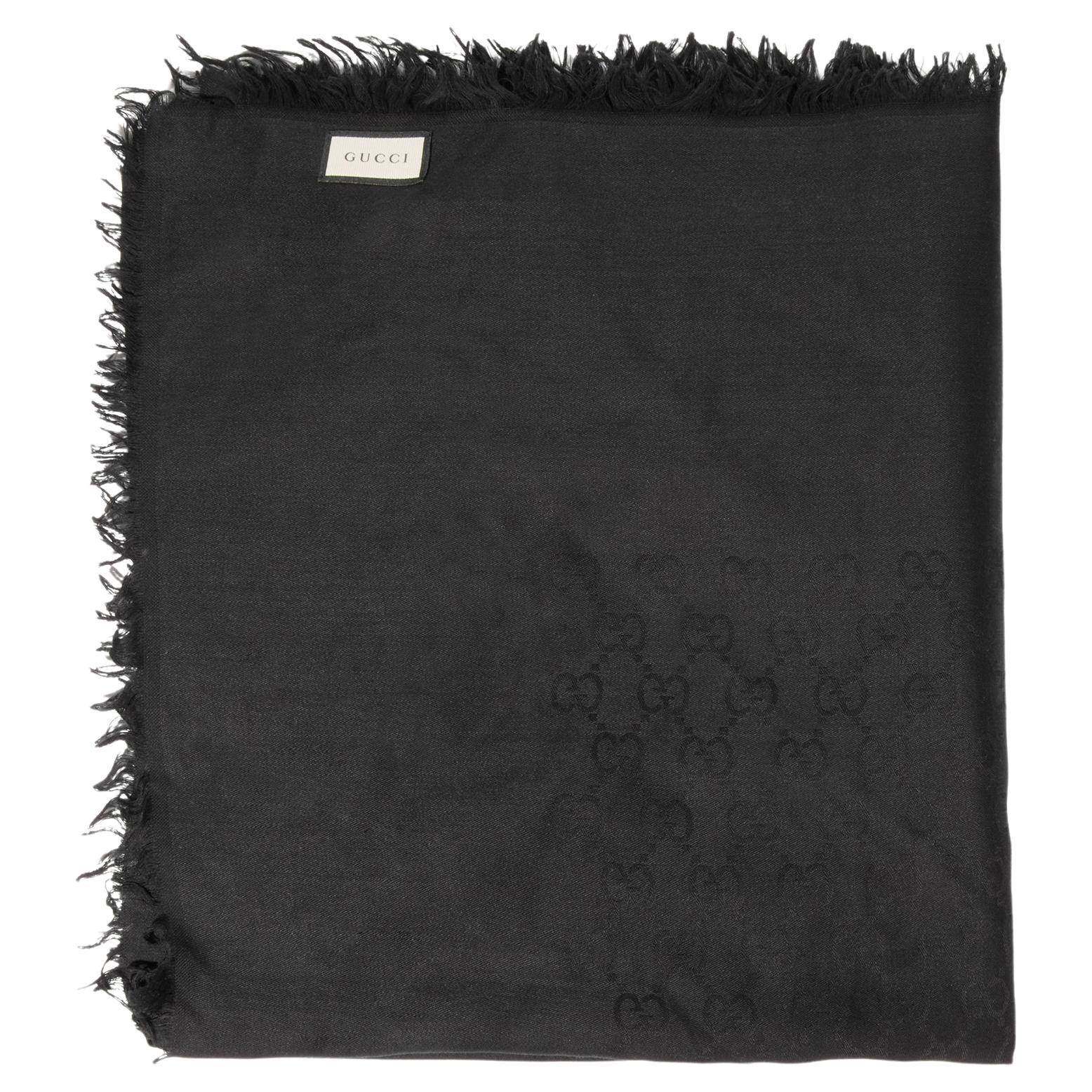 Gucci Black GG Silk Jacquard Fringed Scarf For Sale