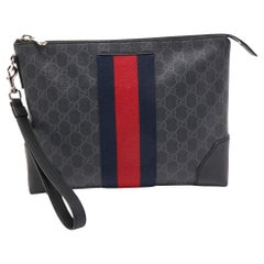 Gucci Black GG Supreme Canvas and Leather Web Wristlet Pouch