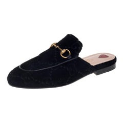 Gucci Black GG Velvet And Leather Princetown Horsebit Flat Mules Size 35